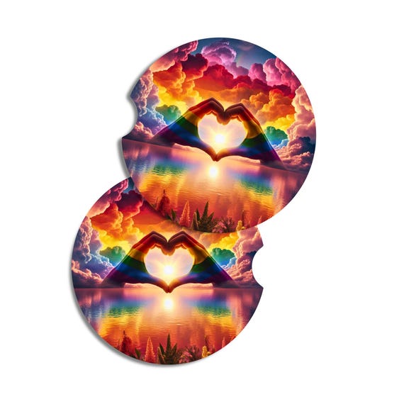 Rainbow Pride Car Coasters | LGBTQ Heart Hands Sunset | Pride Car Accessories | Love is Love Gift | Rainbow Car Coasters | Gift for Her