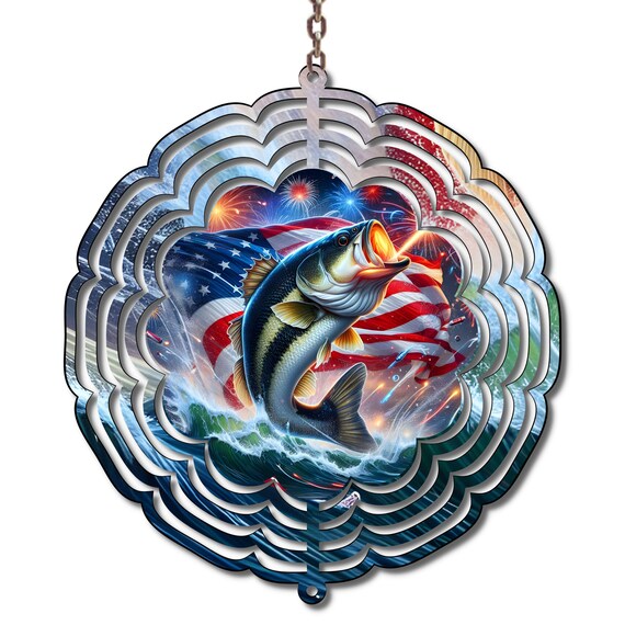 Patriotic Bass Fishing Wind Spinner American Flag Outdoor Decor Fisherman Gift 4th of July Yard Decoration