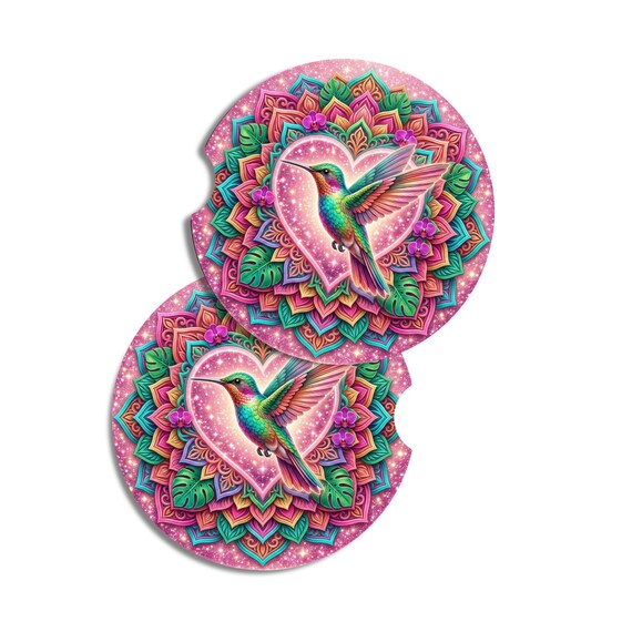 Hummingbird Car Coasters | Colorful Hummingbird Heart | Spiritual Car Accessories | Memorial Gift | Floral Mandala Coasters | Gift for Her
