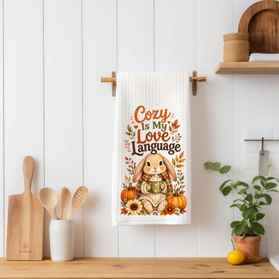 Cozy Is My Love Language Kitchen Towel | Fall Bunny Tea Towel