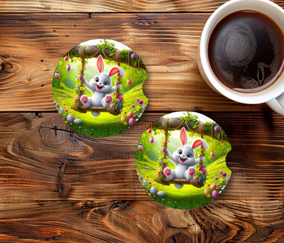 Easter Bunny Car Coasters, Set of 2 Neoprene Cup Holder Coasters, Cute Bunny Car Decor