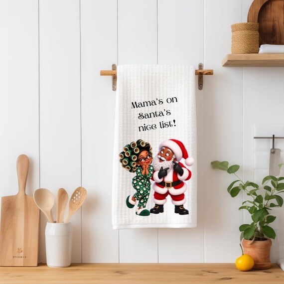 Black Santa Waffle Kitchen Towel, Mama’s on Santa’s Nice List, Funny Christmas Tea Towel, Holiday Gift for Mom