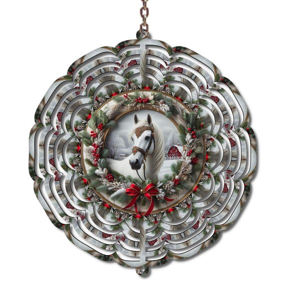 Christmas Horse Wind Spinner, 10 Inch Metal Holiday Farmhouse Décor, Friend Gift