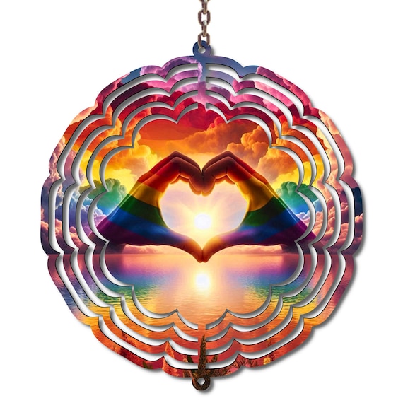 LGBTQ Rainbow Heart Hands Wind Spinner | Pride Sunset Garden Decor