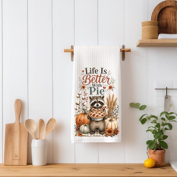 Raccoon Fall Kitchen Towel | Pie & Thanksgiving Tea Towel