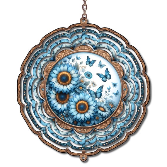 Blue Sunflower Wind Spinner, Butterfly Wind Spinner, 10 Inch Metal Wind Spinner, Floral Garden Decor, Outdoor Hanging Decor, Gift for Mom