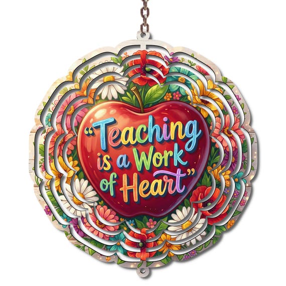 Teaching Is a Work of Heart Wind Spinner, Teacher Appreciation Gift, Teacher Garden Decor, Floral Apple Wind Spinner, Gift for Teacher