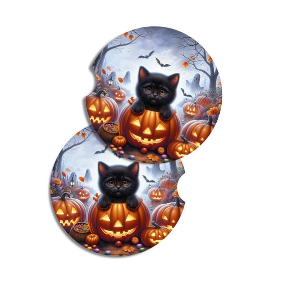 Halloween Decor, Car Coasters, Spooky Season, Black Cat, Halloween, Best Gift for Mom