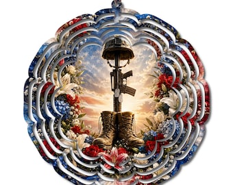 Military Memorial Wind Spinner, Fallen Soldier Garden Decor, Patriotic Veteran Tribute, Boots Rifle Helmet Memorial Gift