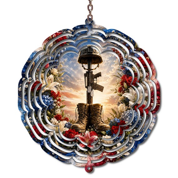 Military Memorial Wind Spinner, Fallen Soldier Garden Decor, Patriotic Veteran Tribute, Boots Rifle Helmet Memorial Gift