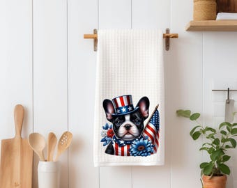 Patriotic French Bulldog Kitchen Towel | American Flag Frenchie Tea Towel | Fourth of July Kitchen Decor | Dog Lover Gift | Farmhouse