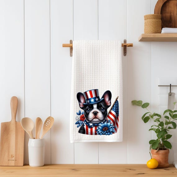 Patriotic French Bulldog Kitchen Towel | American Flag Frenchie Tea Towel | Fourth of July Kitchen Decor | Dog Lover Gift | Farmhouse