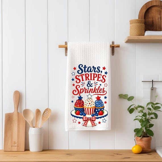 Stars Stripes & Sprinkles Kitchen Towel | Patriotic Cupcake Tea Towel | Fourth of July Kitchen Decor | Americana Baking Gift