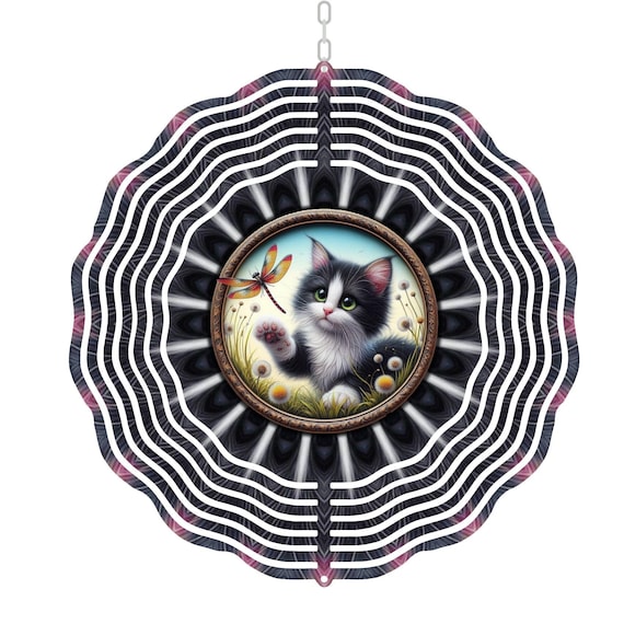 Kitten Wind Spinner, Cat Garden Decor, Cat and Dragonfly Spinner, Metal Yard Spinner, Whimsical Cat Spinner, Birthday, Friend Gift