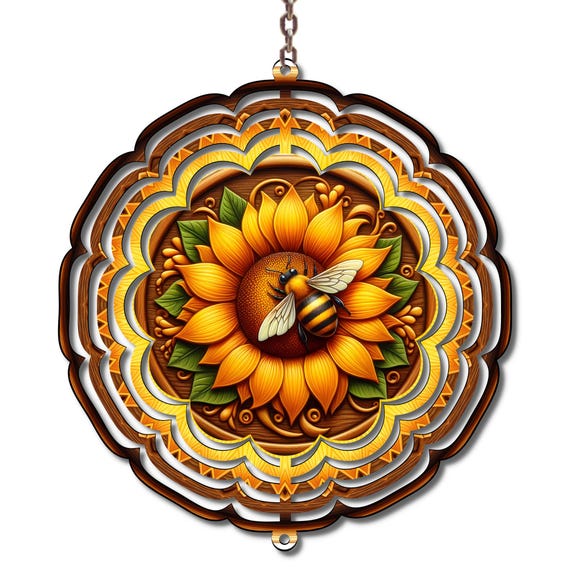 Sunflower Bee Wind Spinner, Farmhouse Garden Decor, 10 Inch Metal Wind Spinner, Rustic Outdoor Hanging Art, Bee Lover Gift