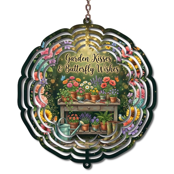 Garden Kisses & Butterfly Wishes Wind Spinner, Gardening Gift, Butterfly Garden Decor, Floral Outdoor Spinner, 10 Inch