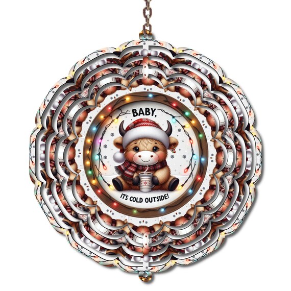 Baby Highland Cow Wind Spinner, Baby, It’s Cold Outside, Metal Holiday Décor, Christmas, Mom Gift