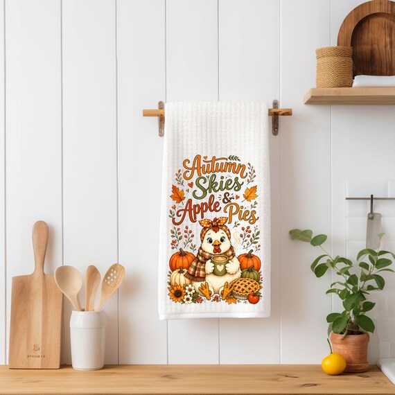 Autumn Skies Apple Pies Kitchen Towel | Fall Chicken Tea Towel