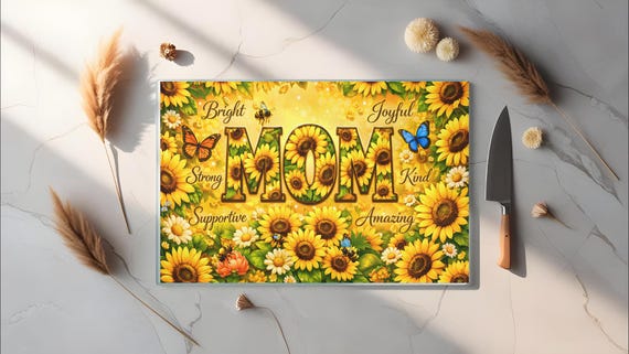Sunflower Mom Glass Cutting Board, Floral Kitchen Decor Gift for Mom, Butterfly Cutting Board, Sunflower Kitchen Gift, 11x7 Glass Board