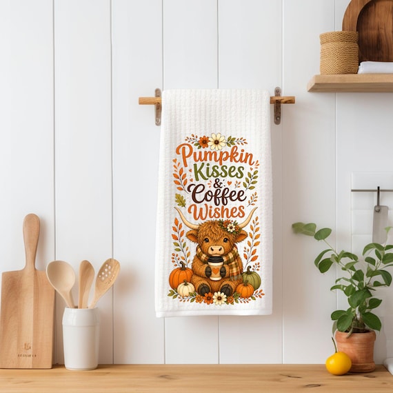 Pumpkin Kisses Coffee Wishes Kitchen Towel | Highland Cow Fall Tea Towel