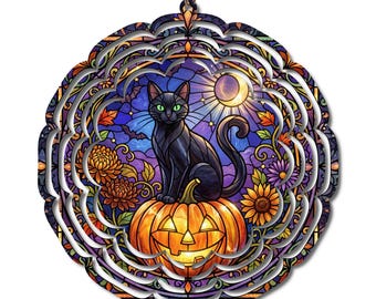 Black Cat Halloween Wind Spinner, Stained Glass Pumpkin Decor, Halloween Garden Spinner, Spooky Fall Porch Decor