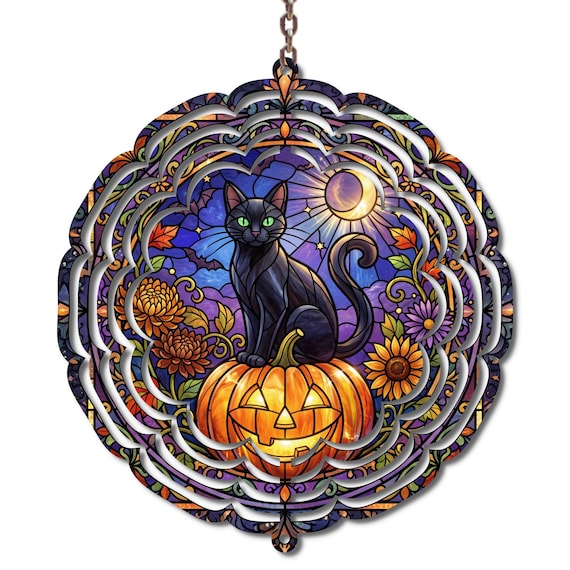 Black Cat Halloween Wind Spinner, Stained Glass Pumpkin Decor, Halloween Garden Spinner, Spooky Fall Porch Decor