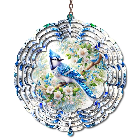 Blue Jay Wind Spinner, Bird Lover Garden Decor, Floral Outdoor Spinner, Blue Bird Yard Art, Nature Lover Gift, Spring Garden Decoration