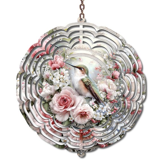 Hummingbird Wind Spinner, Floral Garden Decor, Pink Rose Outdoor Spinner, Bird Lover Gift, Cottagecore Yard Art