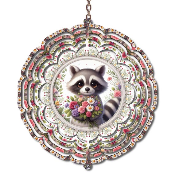 Cute Raccoon Metal Wind Spinner, Floral Woodland Garden Decor, Spring Garden Wind Spinner, Whimsical Yard Art
