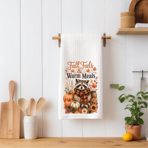 Fall Raccoon Kitchen Towel | Cozy Autumn Tea Towel