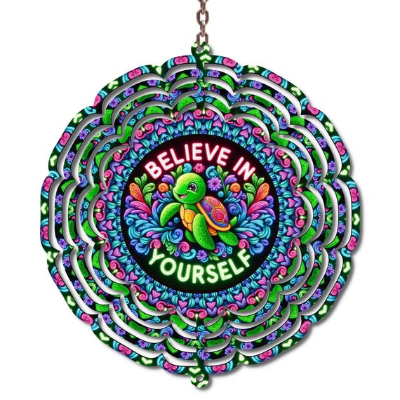 Believe In Yourself Turtle Wind Spinner, Inspirational 10 Inch Metal Garden Spinner, Colorful Motivational Outdoor Decor Gift