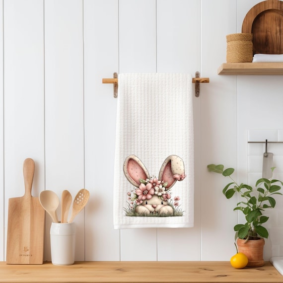 Floral Bunny Easter Kitchen Towel | Spring Waffle Dish Towel | Farmhouse Easter Decor | Cute Bunny Ears Floral Crown | Easter Gift for Mom