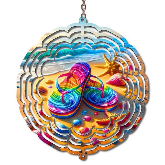 Rainbow Flip Flop Beach Wind Spinner, Pride Summer Garden Decor, Coastal Outdoor Hanging Decoration, Beach Lover Gift