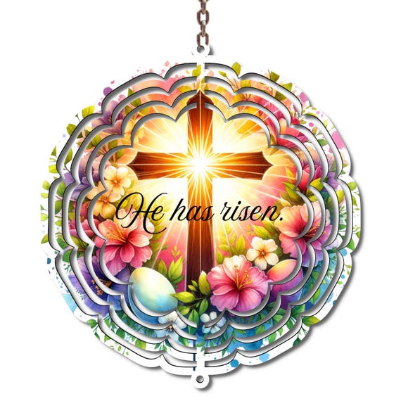 10 Inch He Has Risen Wind Spinner, Christian Easter Cross Garden Decor, Religious Spring Yard Art, Resurrection Outdoor
