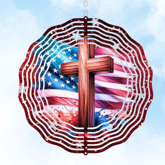 Red White and Royal Blue Wind Spinner, Cross Wind Spinner, Christian, USA, Veteran Gift
