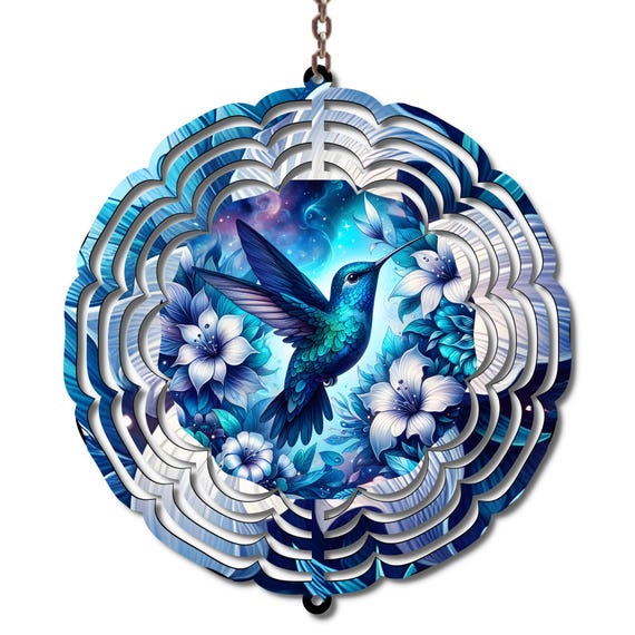 Hummingbird Wind Spinner, Blue Floral Garden Art, Memorial Sympathy Gift