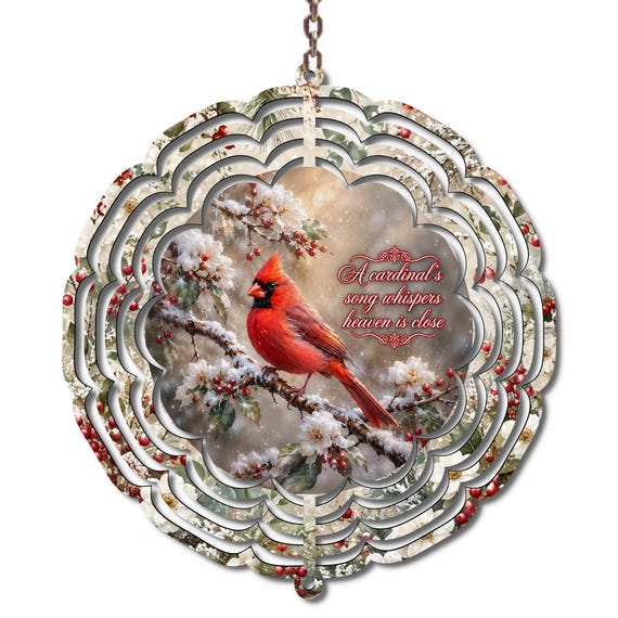 Memorial Wind Spinner: Red Cardinal on Snowy Branches, Sympathy Garden Decor