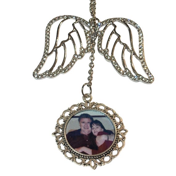 Personalized Angel Wing Photo Ornament, Custom Memorial Car Charm, Silver-Tone Keepsake