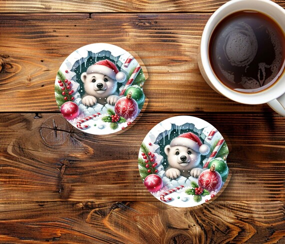 Polar Bear Christmas Car Coasters, Christmas Decor, Wife Gift