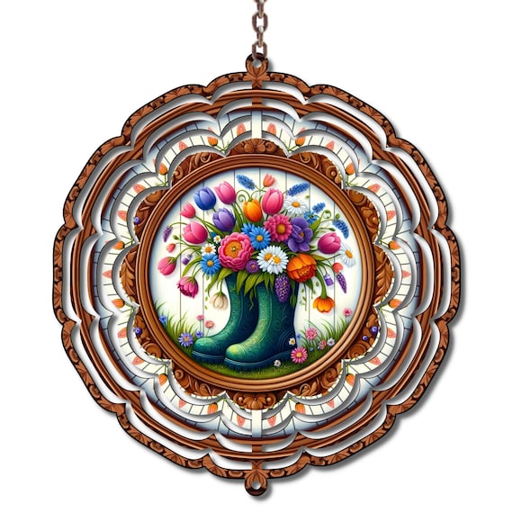 Floral Rain Boots Wind Spinner: Spring Garden Decor, Metal Yard Art (10 Inch)