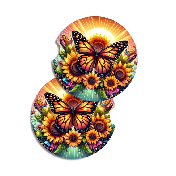 Butterfly Sunflower Car Coasters, Neoprene Floral Car Accessories Set