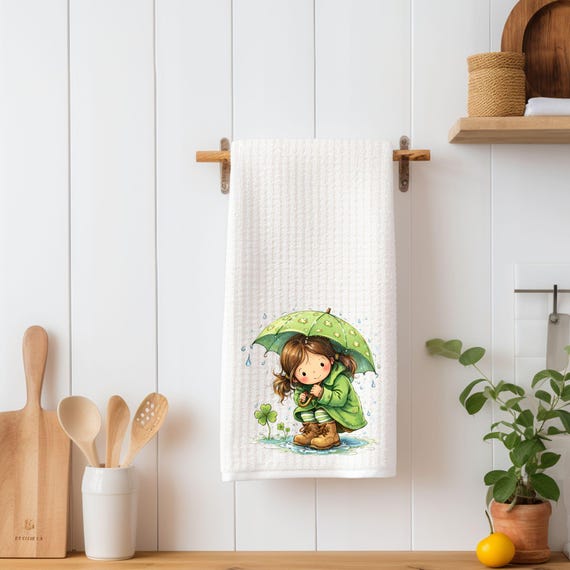 St Patrick’s Day Kitchen Towel | Cute Irish Girl with Shamrock Umbrella | Spring Waffle Weave Tea Towel | Lucky Clover Decor