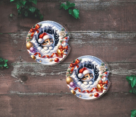 Christmas Kitten Car Coasters, Stocking Stuffer, Christmas, Mom Gift