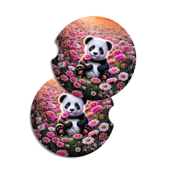 Panda Floral Car Coasters – Absorbent Neoprene Cup Holder Set (Set of 2)