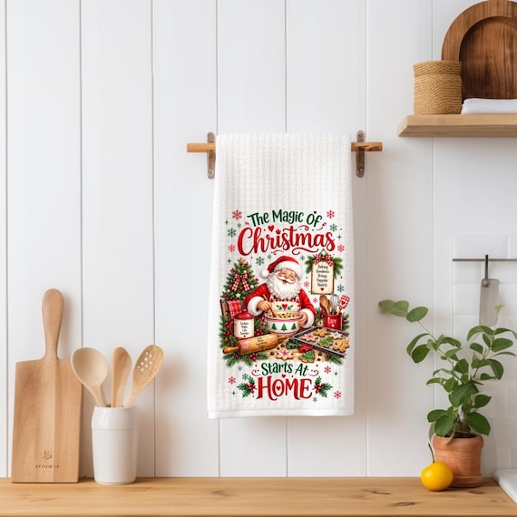 Santa Baking Waffle Kitchen Towel, The Magic of Christmas Starts at Home, Christmas Tea Towel, Holiday Baker Gift