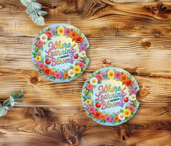 Where Learning Blooms Car Coasters Set of 2, Teacher Appreciation Gift, Floral Teacher Neoprene Car Coasters, End of School Year Gift