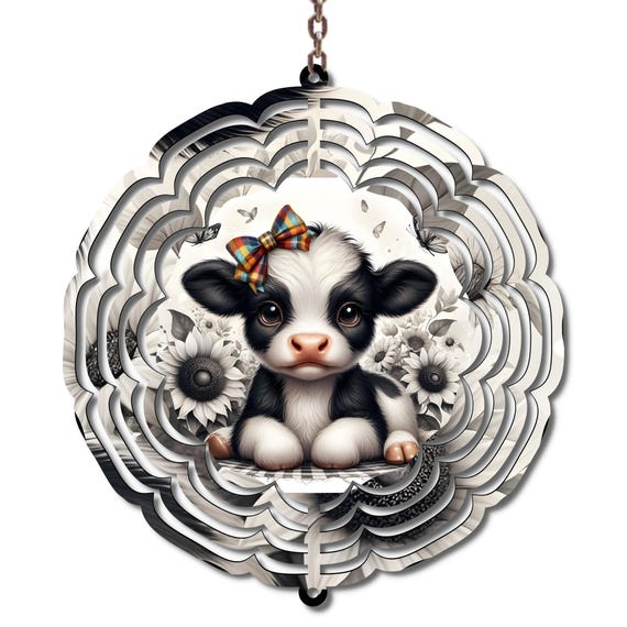 Baby Cow Wind Spinner, Highland Cow Calf Decor, Farmhouse Garden Art, Cute Cow Yard Decor, Country Outdoor Hanging Spinner