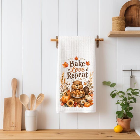 Fall Beaver Kitchen Towel | Autumn Baking Muffin Decor