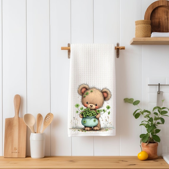 St Patrick’s Day Teddy Bear Kitchen Towel | Lucky Shamrock Bear Spring Decor | Cute Clover Tea Towel