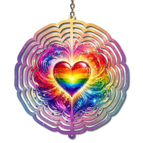 Rainbow Heart Wind Spinner, LGBTQ Pride Garden Decor, Colorful 10 Inch Metal Wind Spinner, Pride Month Outdoor Decoration